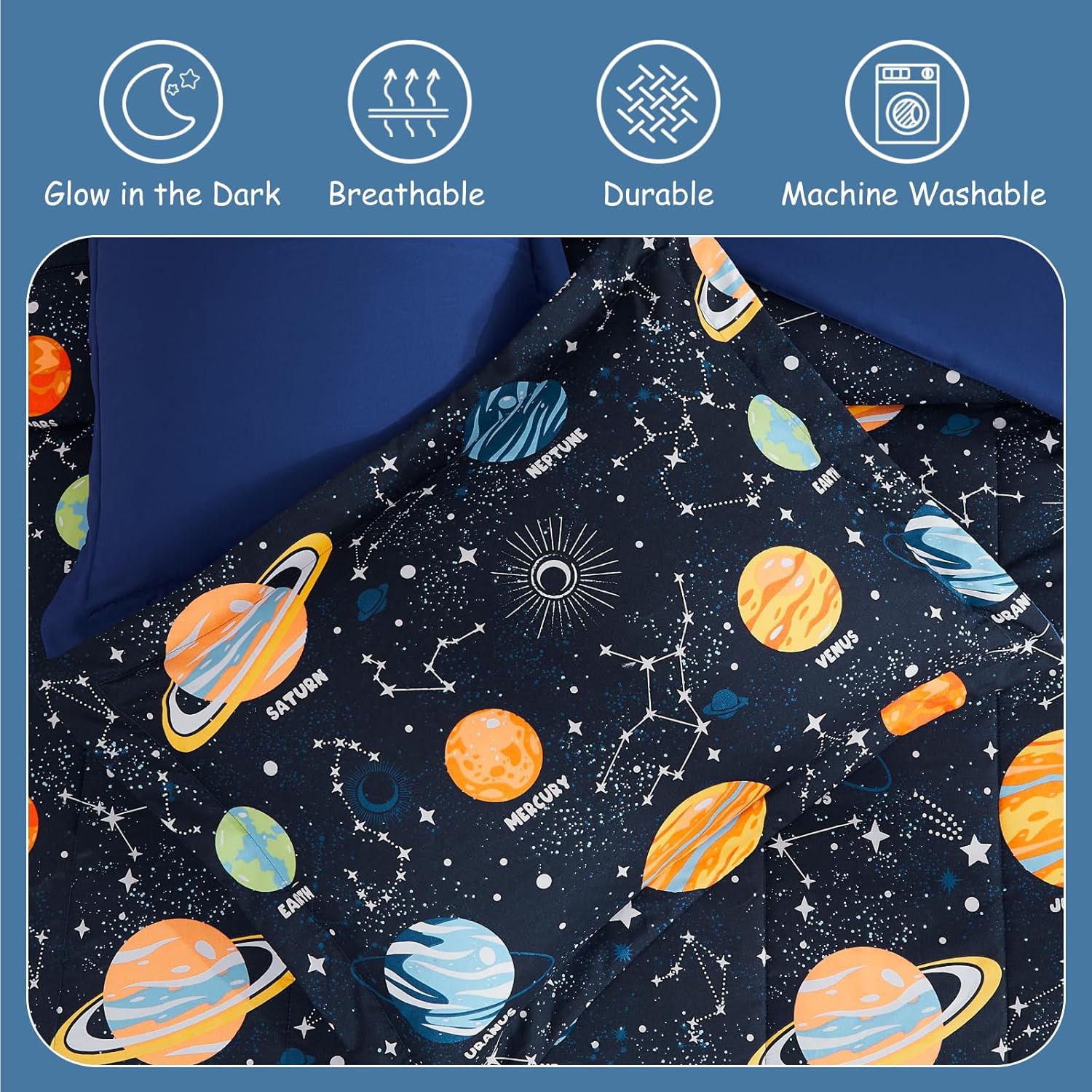 Twin Comforter Set for Boys - 3 Pieces Space Twin XL Bedding Set with 1 Comforter, 1 Decor Pillow, 1 Pillow Sham - Image 4
