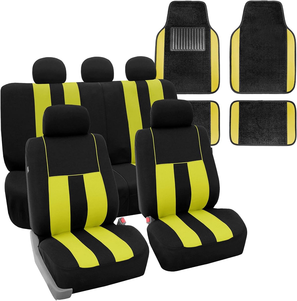 FH Group Juego completo de fundas para asientos de automóvil con rayas llamativas, listas para airbag y división con tapetes de alfombra, ajuste universal para autos, camionetas y SUV, amarillo/negro