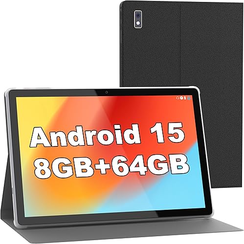 BYYBUO Tablet Android 14, tablet de 10.1 pulgadas con estuche, 6GB RAM 64GB ROM procesador de cuatro núcleos batería de 5000mAh, pantalla táctil IPS