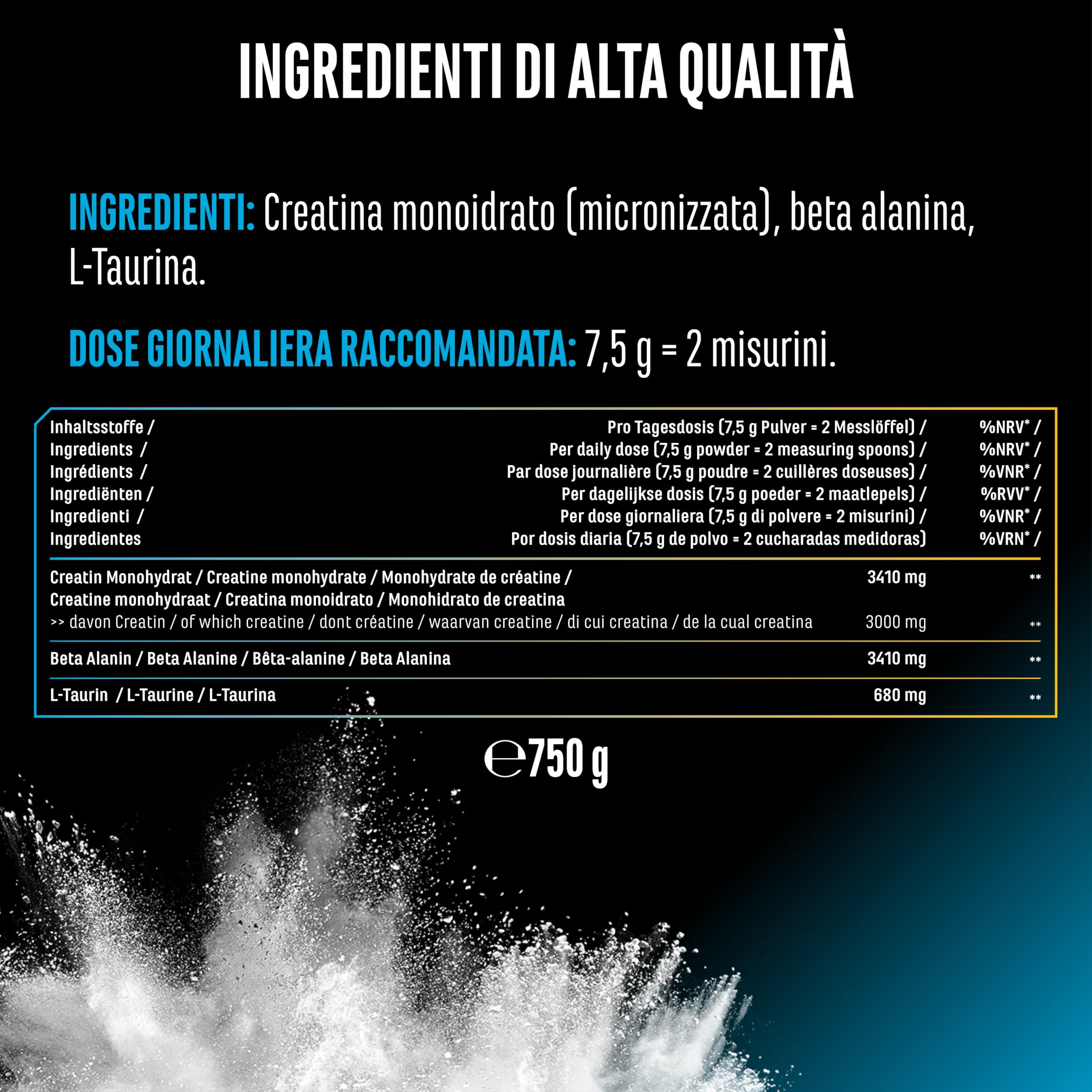 Creatin Beta Alanin Stack - 750 g polvere - creatina monoidrato + beta alanina + L-taurina - creatina micronizzata di alta qualità - dosaggio ottimale, vegano