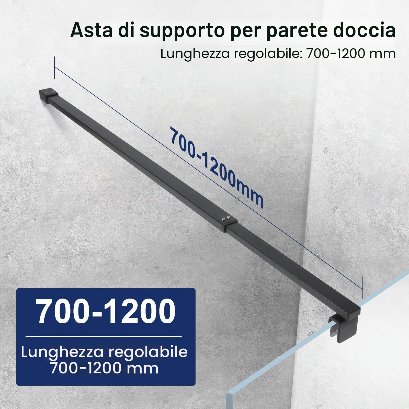 SVNR - Barra di supporto telescopica regolabile in acciaio inossidabile per pannello doccia, 700mm-1200mm, spessore vetro 6-10mm (Nero Opaco Quadrato)