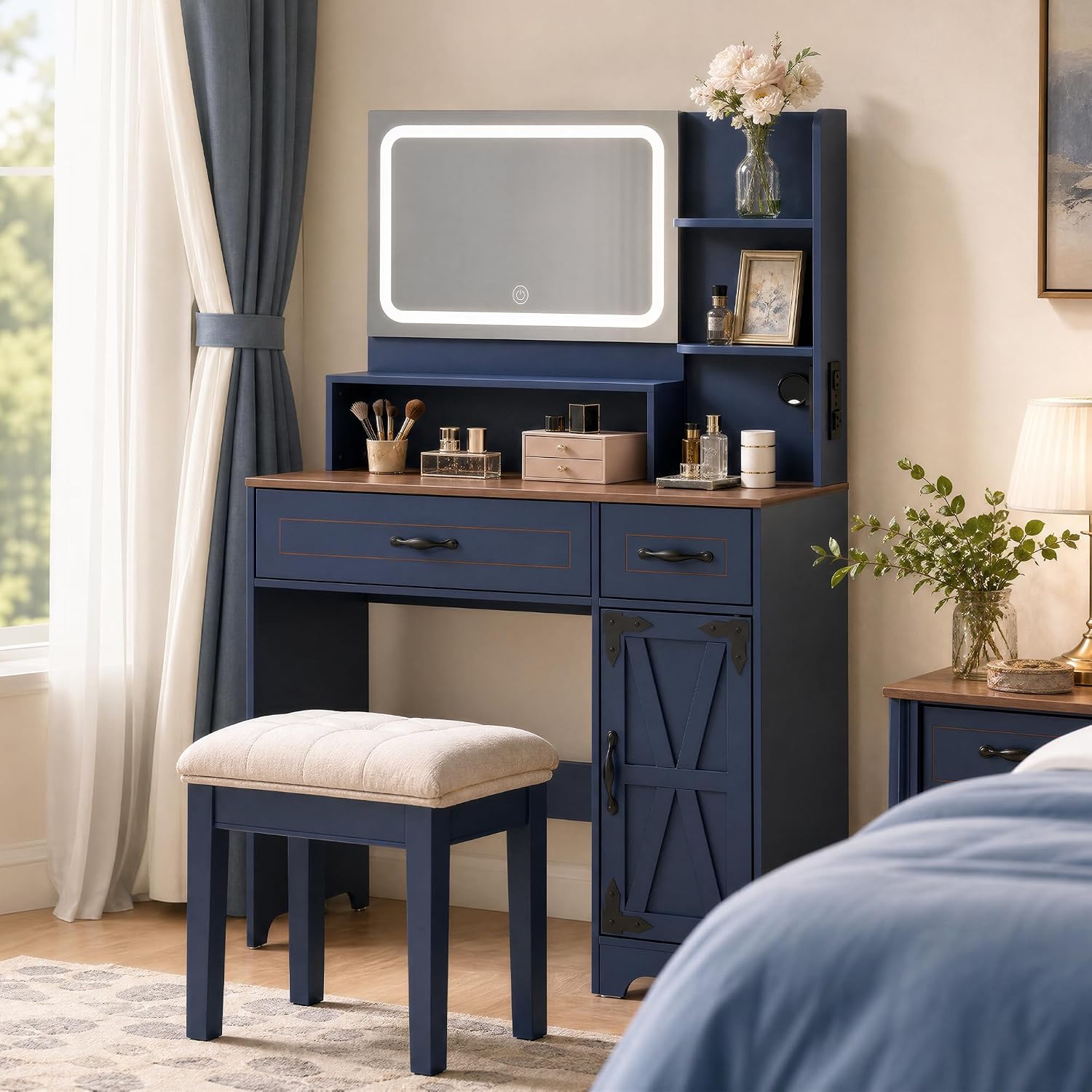 MWOOD Blue Farmhouse Vanity Desk with Lights, Outlets & Storage for Girls