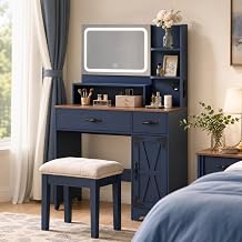 MWOOD Blue Farmhouse Vanity Desk with Lights, Outlets & Storage for Girls