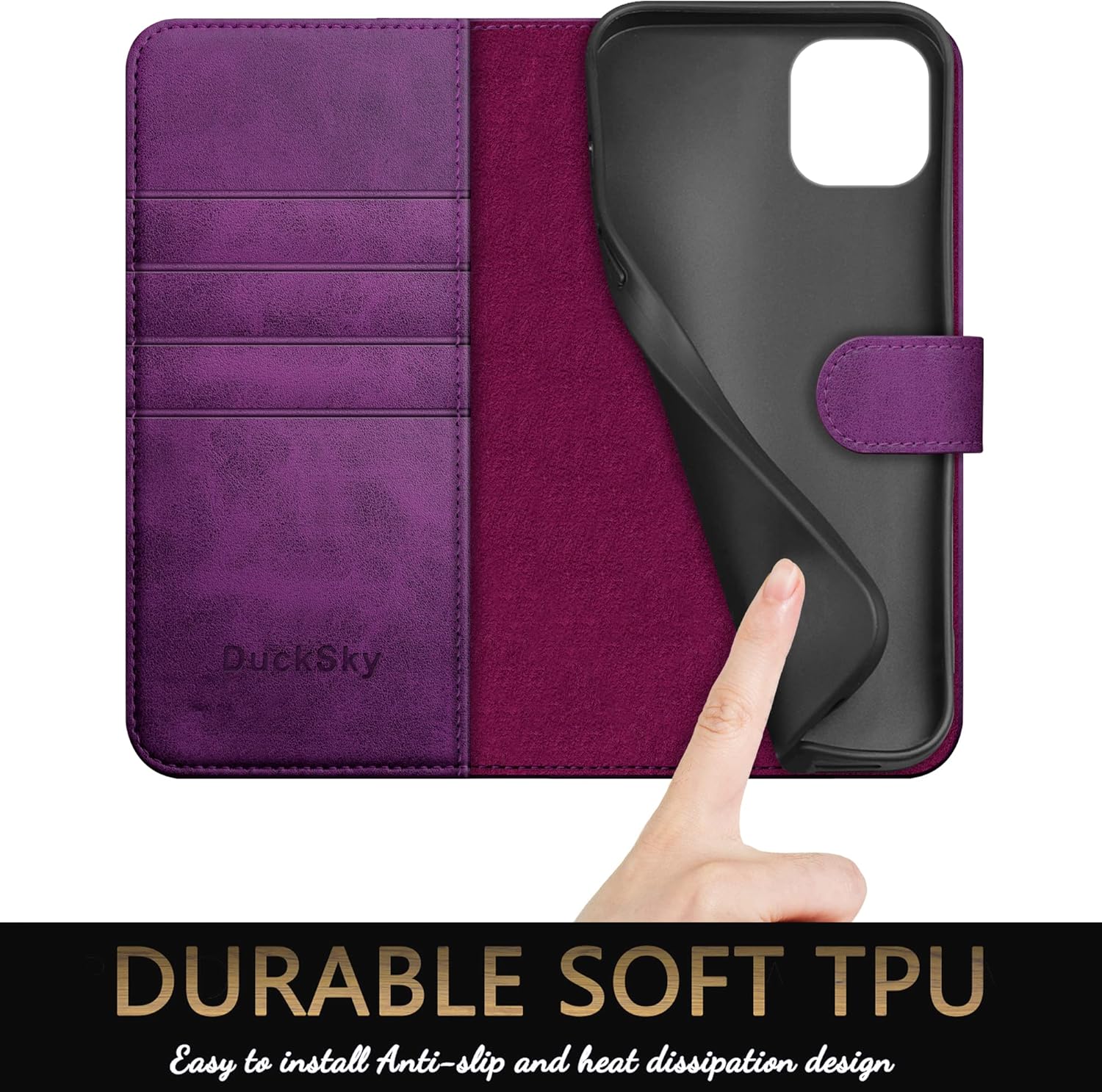 DuckSky for iPhone 15 Plus 6.7" Genuine Leather Wallet case 【RFID Blocking】【4 Credit Card Holder】【Real Leather】 Flip Folio Book Phone case Protective Cover Women Men for Apple 15 Plus case Purple
