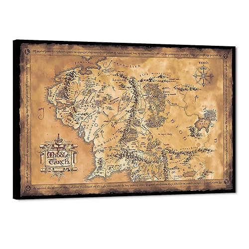 Lienzo decorativo de mapa de la Tierra Media, impresiones HD de mapa de la tierra media, póster clásico de mapa del mundo, arte enmarcado para