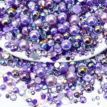 60g Mixed Pearls and Rhinestones, Flatback Rhinestones and Pearls for Crafts, Tumblers, Shoes, Nails, Face Art, 2mm-10mm Mixed Sizes, Purples