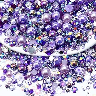 Towenm 60g Mix Pearls and Rhinestones, Flatback Rhinestones and Pearls for Crafts Tumblers Shoes Nails Face Art, 2mm-10mm Mixed Sizes Half Pearls and Rhinestones, Purples