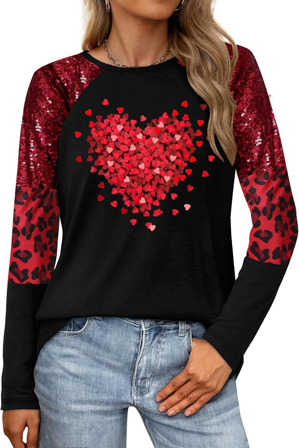 Valentine's Shirt for Womens Love Heart Print Graphic Tees Buffalo Plaid Long Sleeve Tops - Image 2