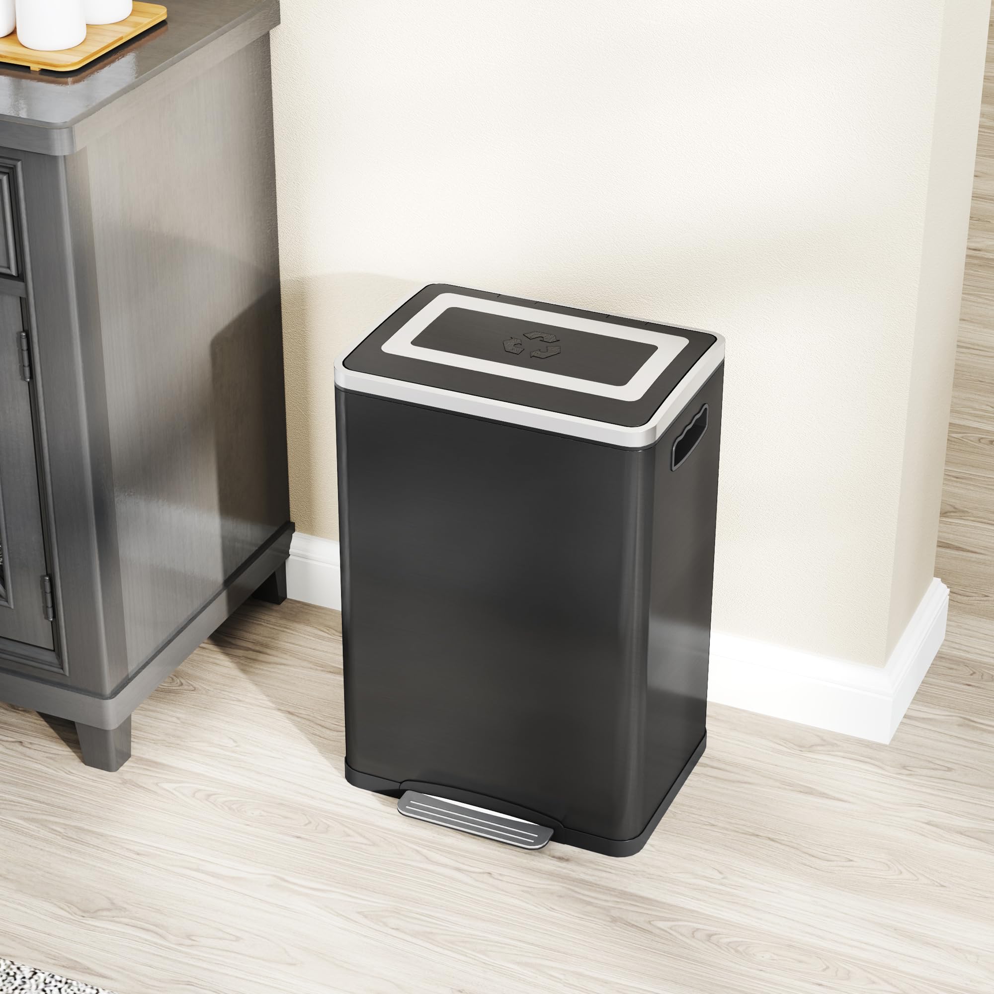 HOMCOM Poubelle de Cuisine à Pédale Double Compartiment 2 x 20L Noir | 2 Seaux Intérieurs Amovibles, Couvercle à Fermeture en Douceur et Poignées Intégrées, Anti-traces, Acier Inoxydable