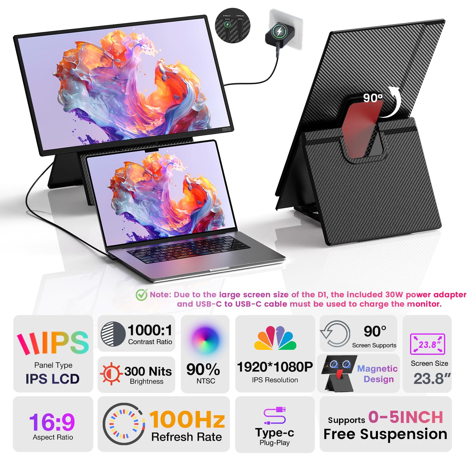 Kwumsy Monitor Portatile Per Laptop 23.8 Pollici - 1080P FHD 100Hz Doppio Schermo PC Portatile Per All Laptop, Schermo Pieghevole con Rotazione 90° Altezza Regolabile, Plug & Play USB-C/HDMI