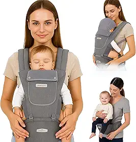 AIEBAO Bolsa Para Bebê Canguru Exclusive, Ergonômico, Protetor de Sol e Chuva, Com Assento, 03 Modos de Uso, Apoio Lombar, Bolso Frontal e Lateral com Zíper, Até 48 Meses, Suporta 36kg, Acolchoado, Fivelas Ajustáveis, Cinza.