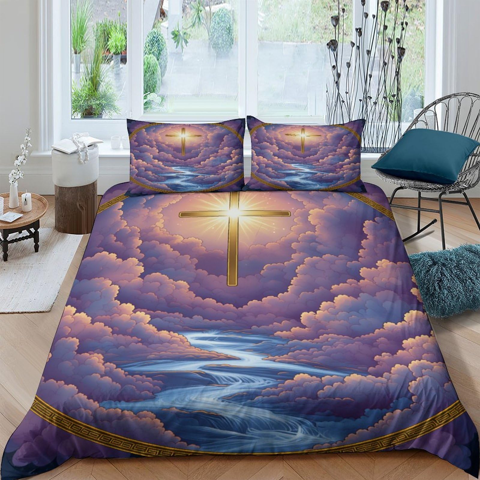 Ctjqhvkz Style-5 3D Printed Purple Cloud Cross Fitted Sheet Microfiber Artistic Sunrise Bed Cover For Bedroom Guest Room Decor Single（135X200cm）