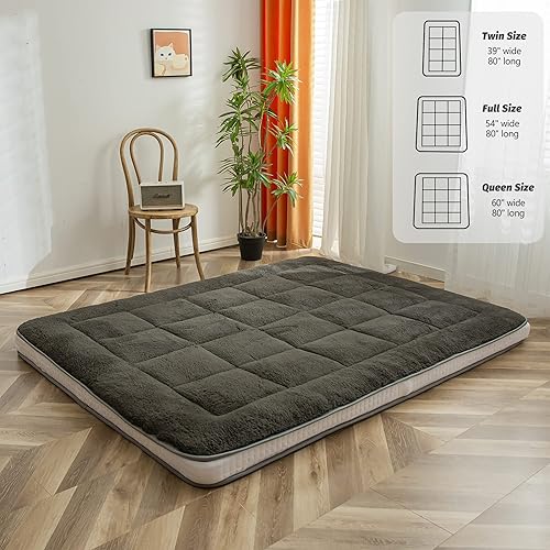 Miniatura 2 de YOSHOOT Colchón de futón japonés de forro polar de invierno, tamaño matrimonial, gris, grueso, esponjoso, reversible, lanudo para invitados,