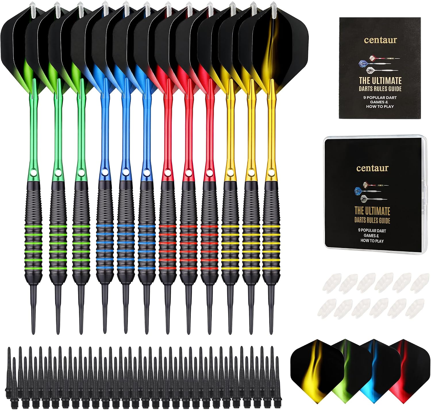 centaur 12 Pack Soft Tip Darts, Professional 18 Gram Plastic Tip Dart Sets | with 4 Colors Premium Aluminum Shafts 100 Dart Tips 16 Dart Flights and Dart Case for Electronic Dart Board