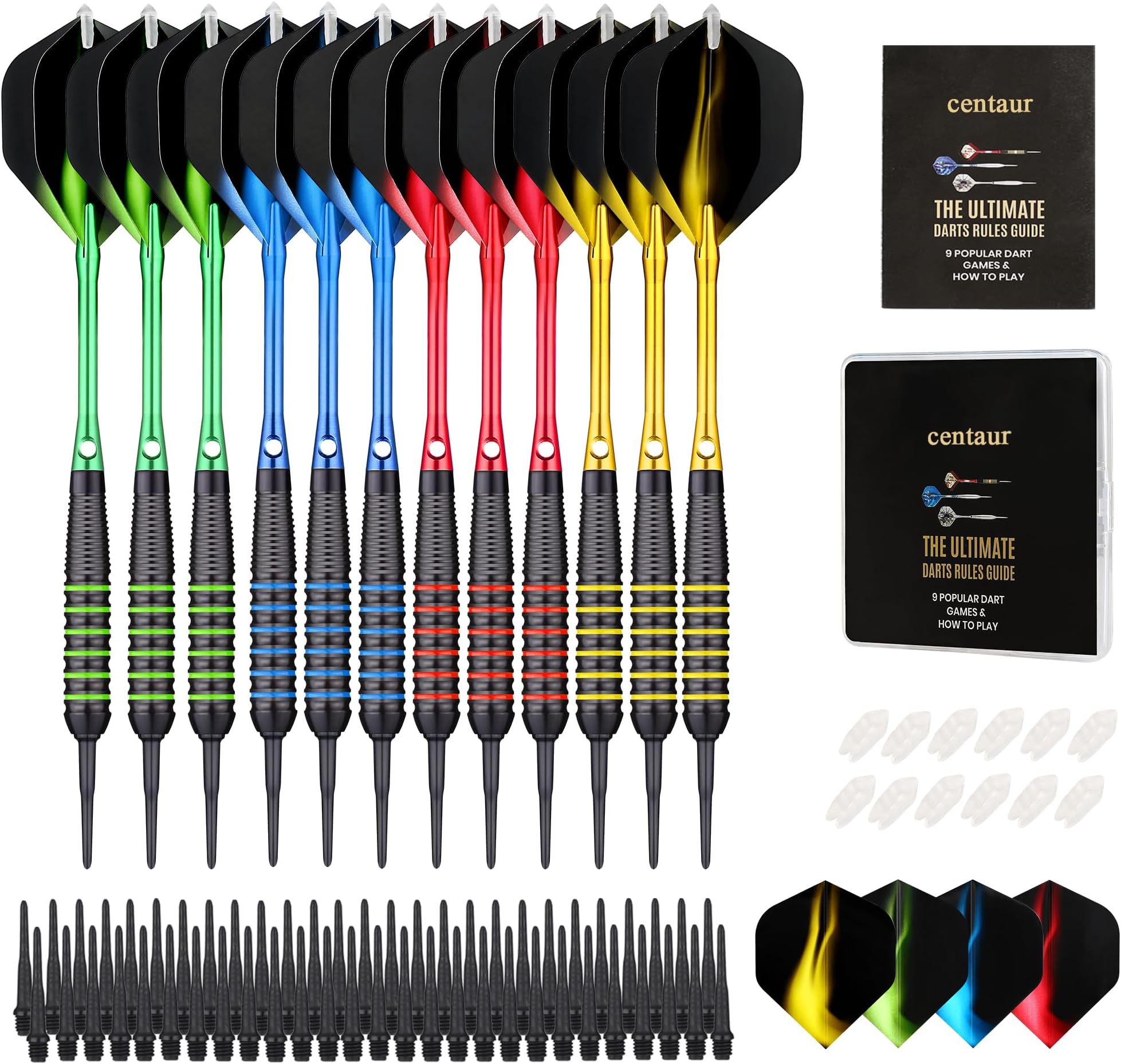 centaur 12 Pack Soft Tip Darts, Professional 18 Gram Plastic Tip Dart Sets with 4 Colors Premium Aluminum Shafts 100 Dart Tips 16 Dart Flights and Dart Case for Electronic Dart Board