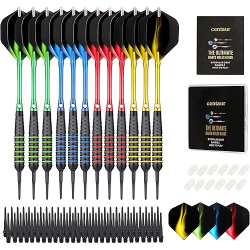 centaur 12 Pack Soft Tip Darts, Professional 18 Gram Plastic Tip Dart Sets with 4 Colors Premium Aluminum Shafts 100 Dart Tips 16 Dart Flights and Dart Case for Electronic Dart Board