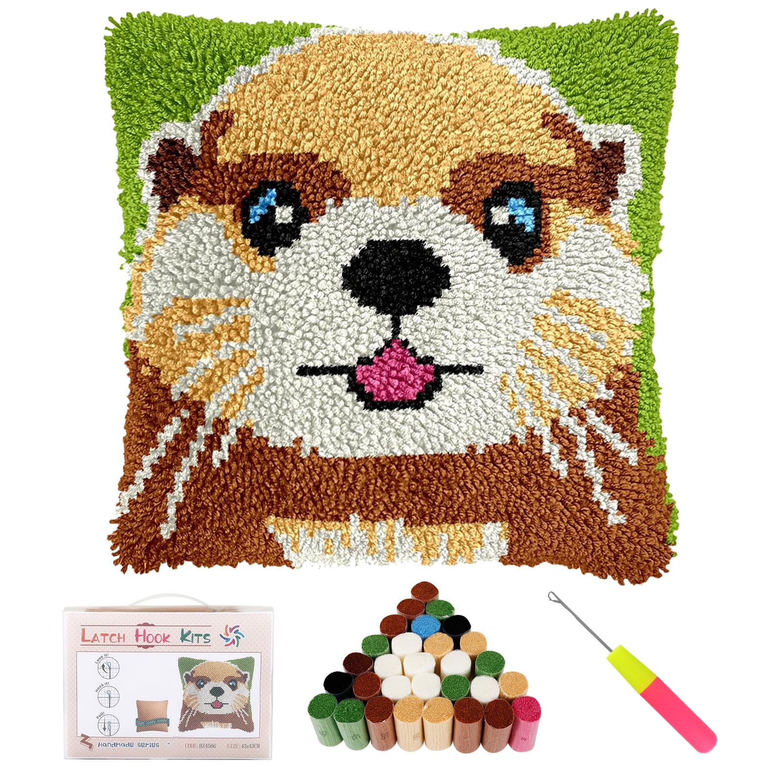 RHAIQBVC Highland Cow Latch Hook Kits, 17x17in Cute Animals Latch Hooks Pillow,DIY Crochet Cushion Cover with Yarn Hook, Handmade Craft Gift for Adults Beginners(River Critter)