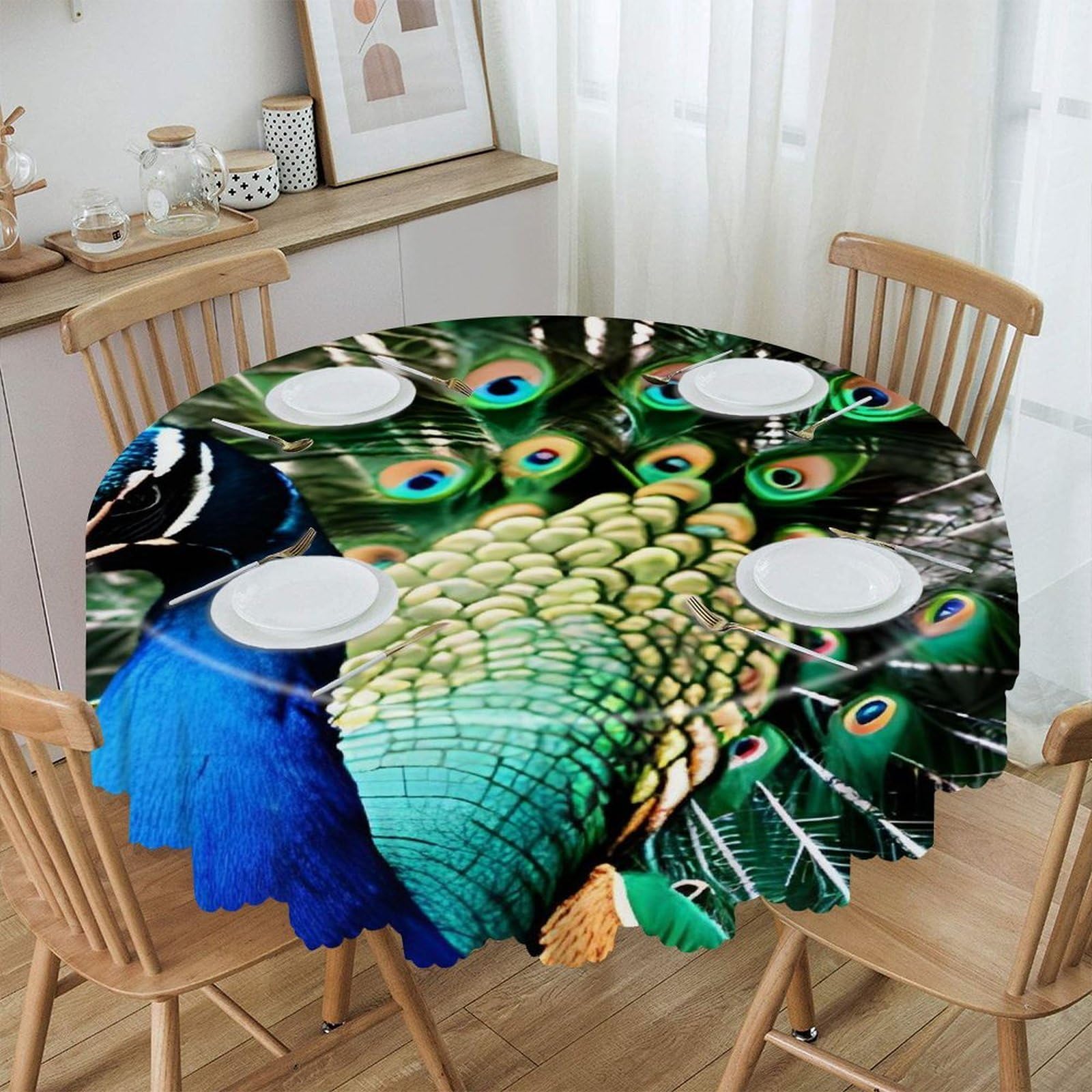 JTREHY Peacock Round Tablecloth 60 Inch Water Resistant Spill Proof Washable Polyester Table Cloth Wipeable Washable Table Cover for Buffet Tables Holiday Party Dinner