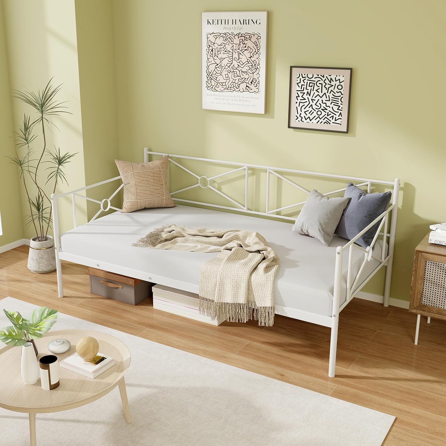 KOMFOTT Twin Size Metal Daybed Frame, Heavy-Duty Steel Slats Support Platform Bed Frame, Multifunctional Sofa Guest Bed with Headboard for Living Room, Bedroom, Guest Room, No Box Spring Needed