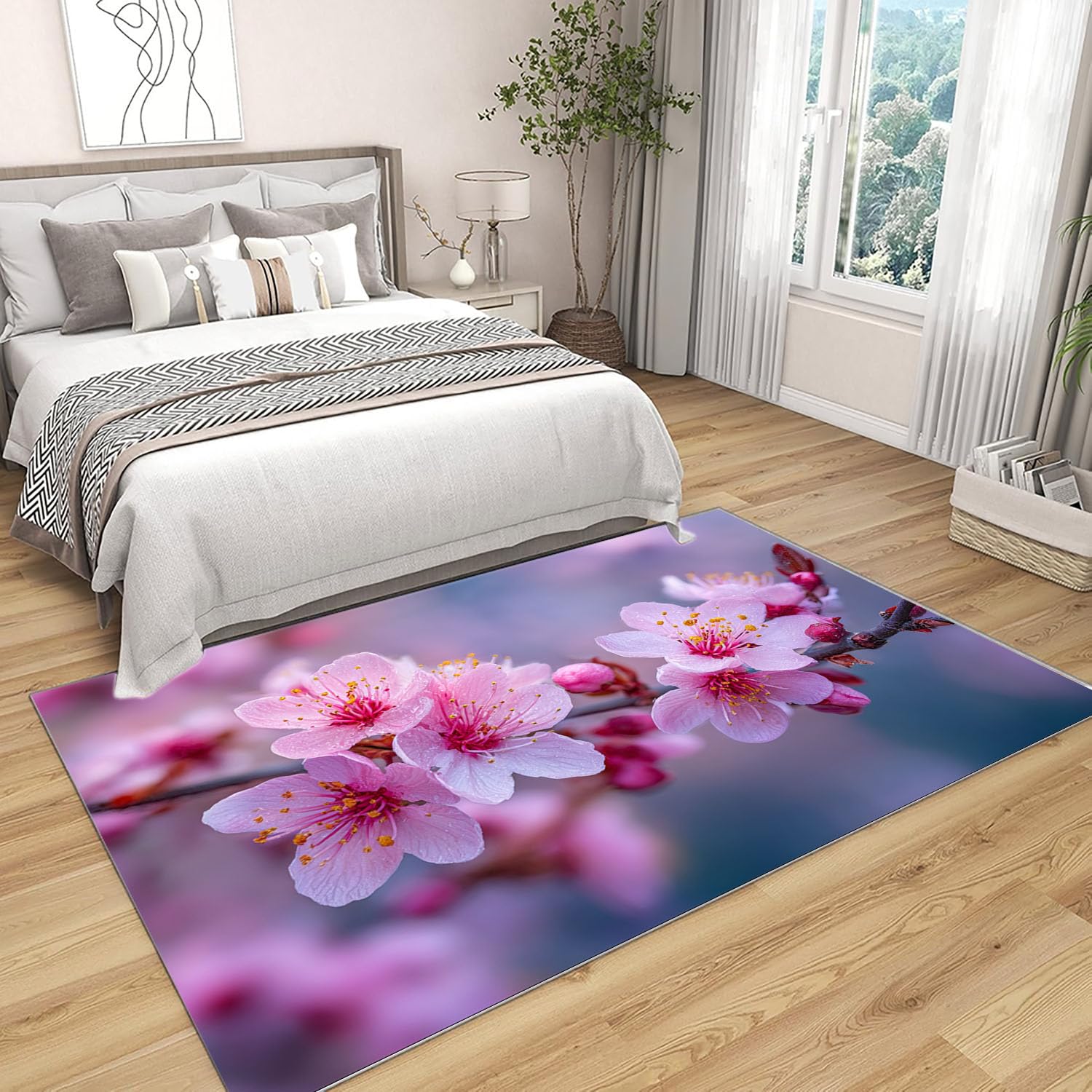 Tapis de Salon Imprimé Coloré Branche de pêche en Poudre pour Salon, Chambre, Bureau(Rose pâle)-90x120cm