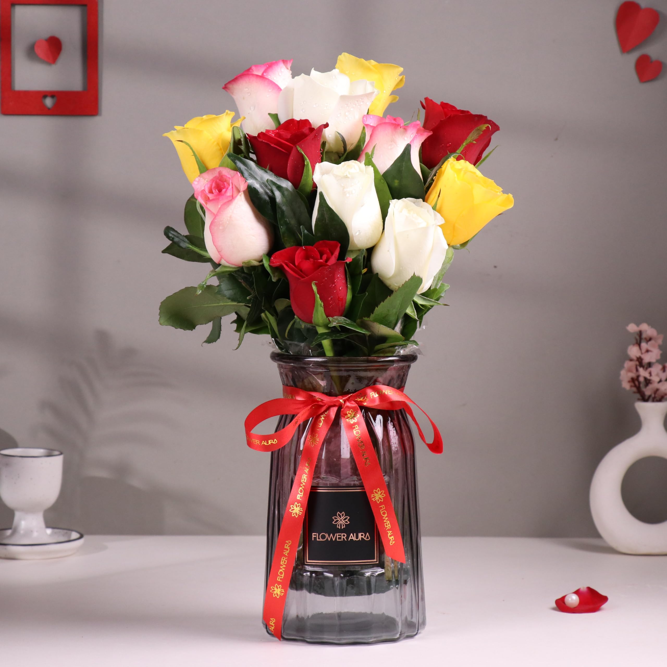 Fresh Live Flower Bouquet of 12 Mix Roses in Glass Vase For Birthday Gift, Anniversary Gift, Wedding Gift, Congratulations Gift & Gift For Special Occasions (Same Day Delivery)-image-24