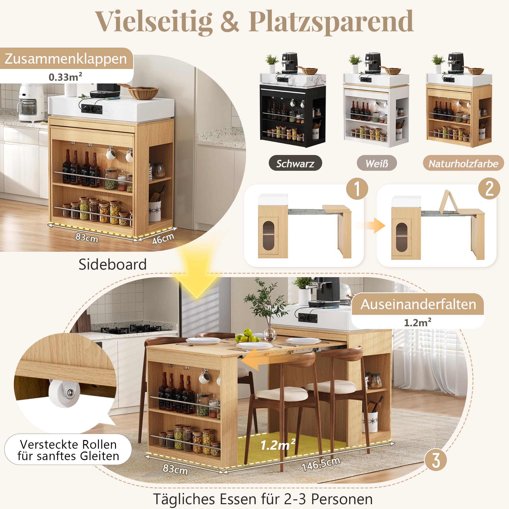 Îlot Central Cuisine avec Rangement, Table Extensible et Prises, Meuble Îlot de Cuisine avec Portes en Verre et Plan de Travail