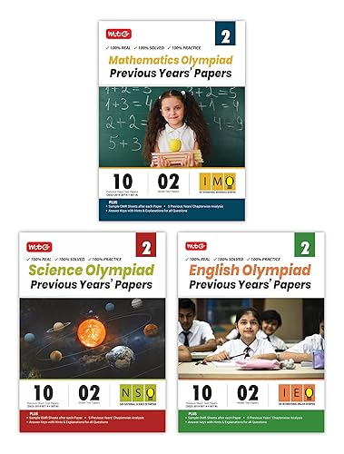 MTG IMO-NSO-IEO Class-2 Olympiad Previous Years Papers (2023-2019 Set A &amp; B) Mathematics, Science &amp; English (Set of 3 Books) | Mock Test Papers with Sample OMR Sheet For 2024-25 Exam