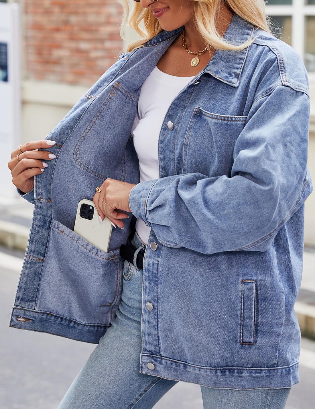 Damen Retro Casual Denim Jacke Oversized Knopf Oben Langarm Lose Revers Gewaschene Denim Shacket Mantel