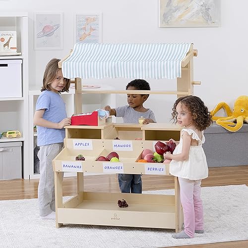 Miniatura 3 de Cypress - Soporte de madera para niños, tienda de comestibles con toldo, contenedores de almacenamiento, calcomanías de borrado en seco,