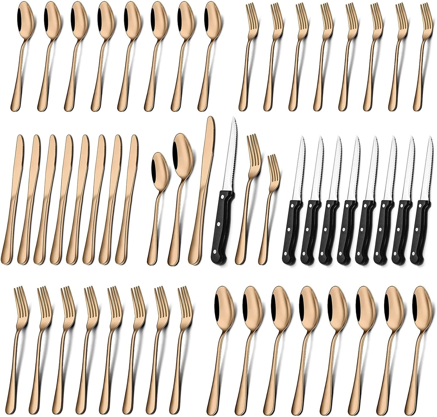 Silverware Set, Umite Chef 48 Piece Rose Gold Flatware Set with Steak Knives for 8, Stainless Steel Tableware Eating Cutlery Set for Home and Restaurant, Mirror Finish, Dishwasher Safe