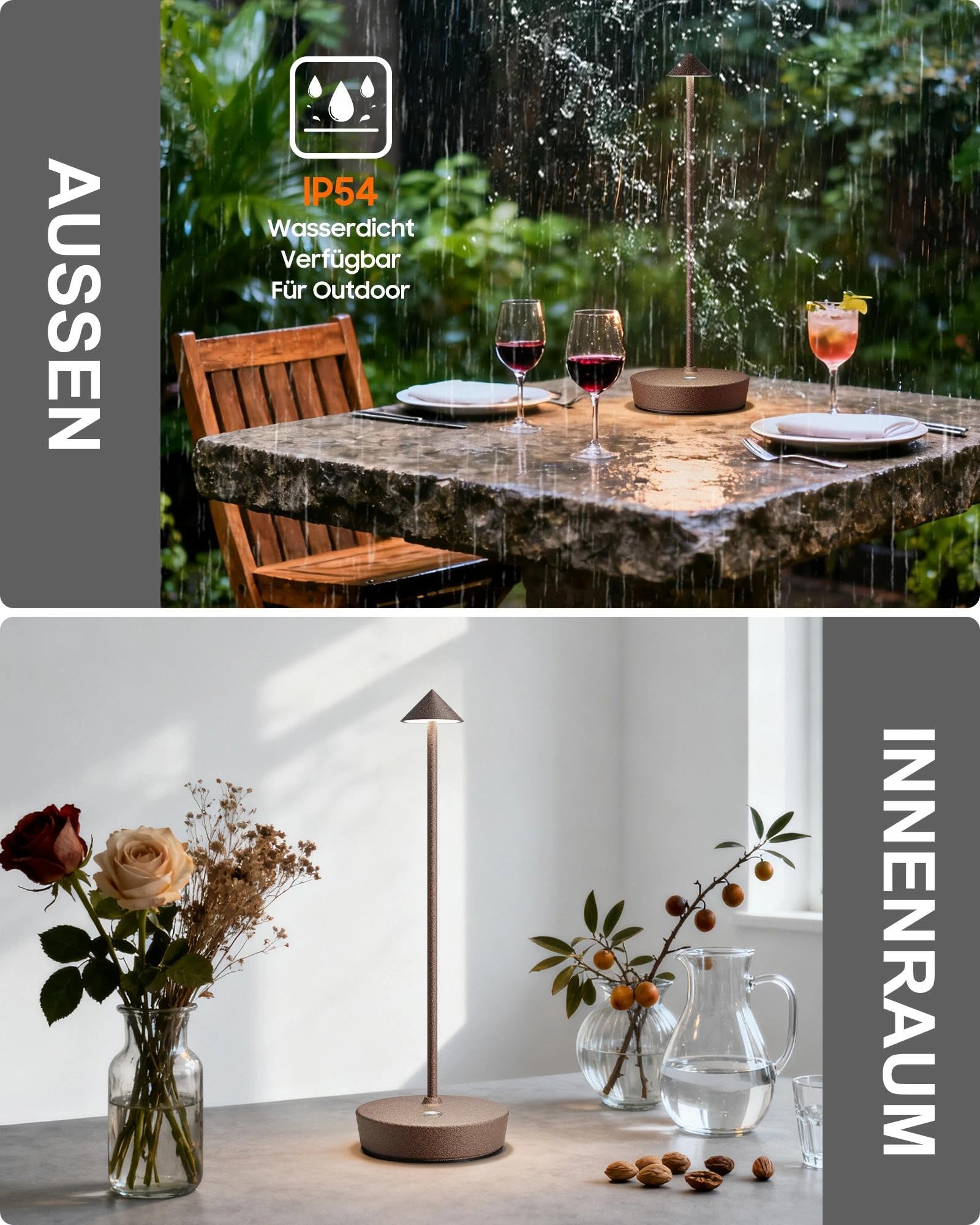 Kabellose Tischlampen Wiederaufladbar, 6000mAh Batterie Betrieben LED Schreibtisch Lampe Wasserdicht Tragbar Dimmbar Für Terrasse Restaurant Esszimmer Zuhause 2er Set Rost