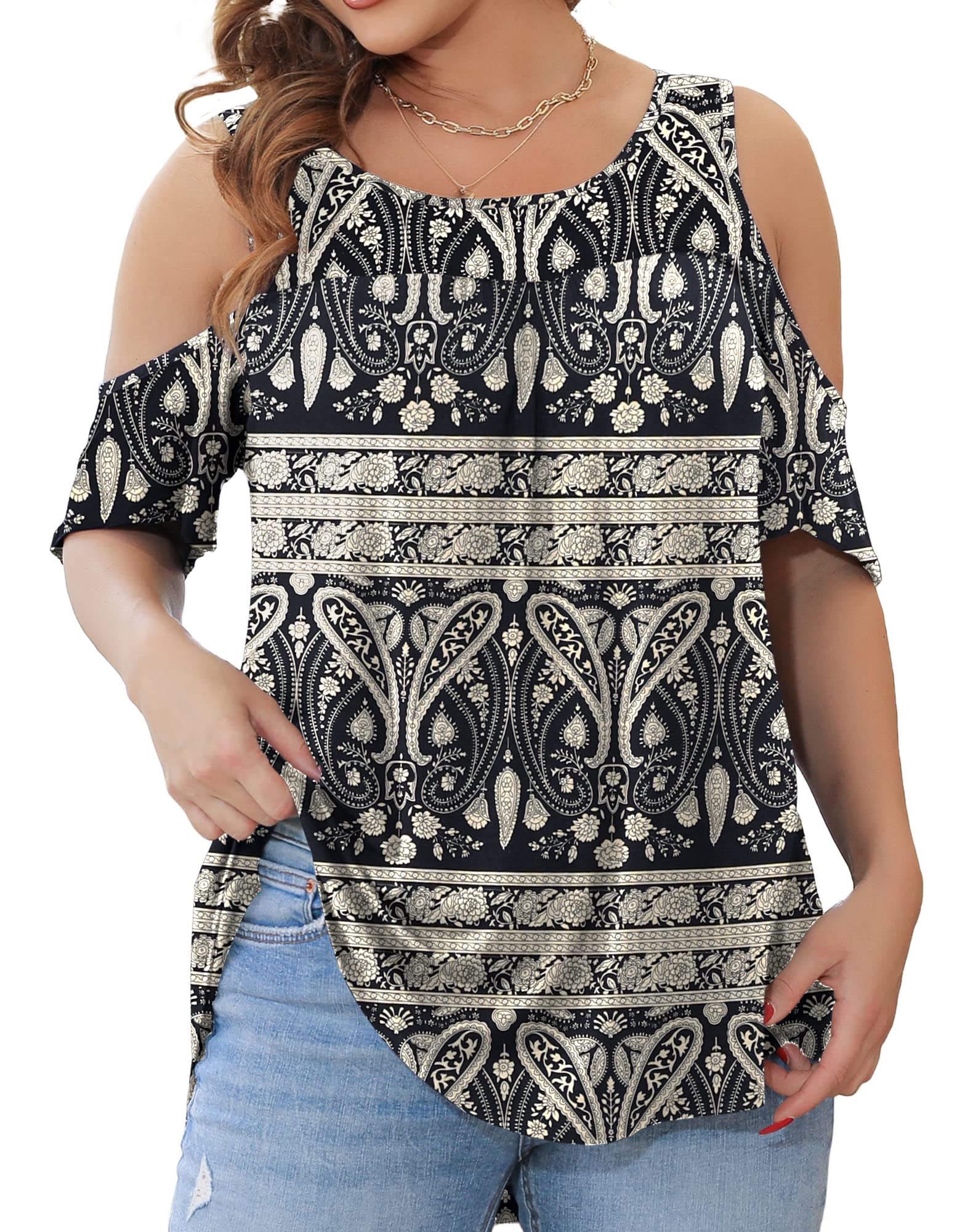 Plusashion Women's Plus Size Tops Cold Shoulder Dressy Casual Tunics Blouses Lace Summer Short Sleeve Shirts