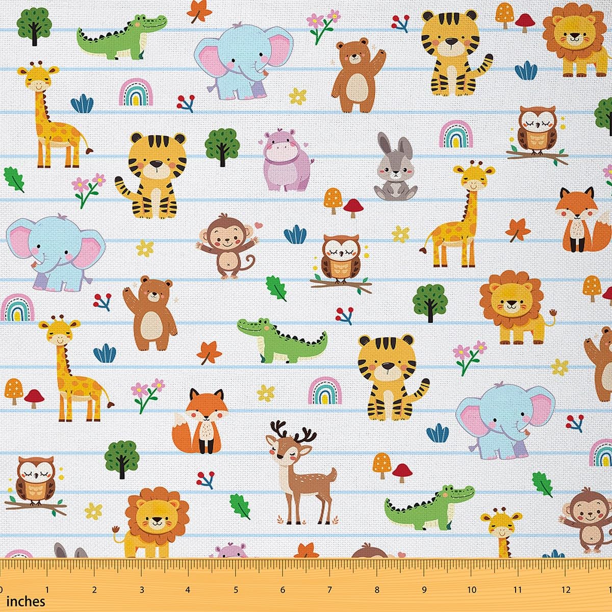 Homemissing Cartoon Zoo Fabric 3 Yards (L276*W150cm) Deer Lion Fox Owl Elephant Upholstery Fabric for Kids Boy Girl Cute Animals Black Decorations