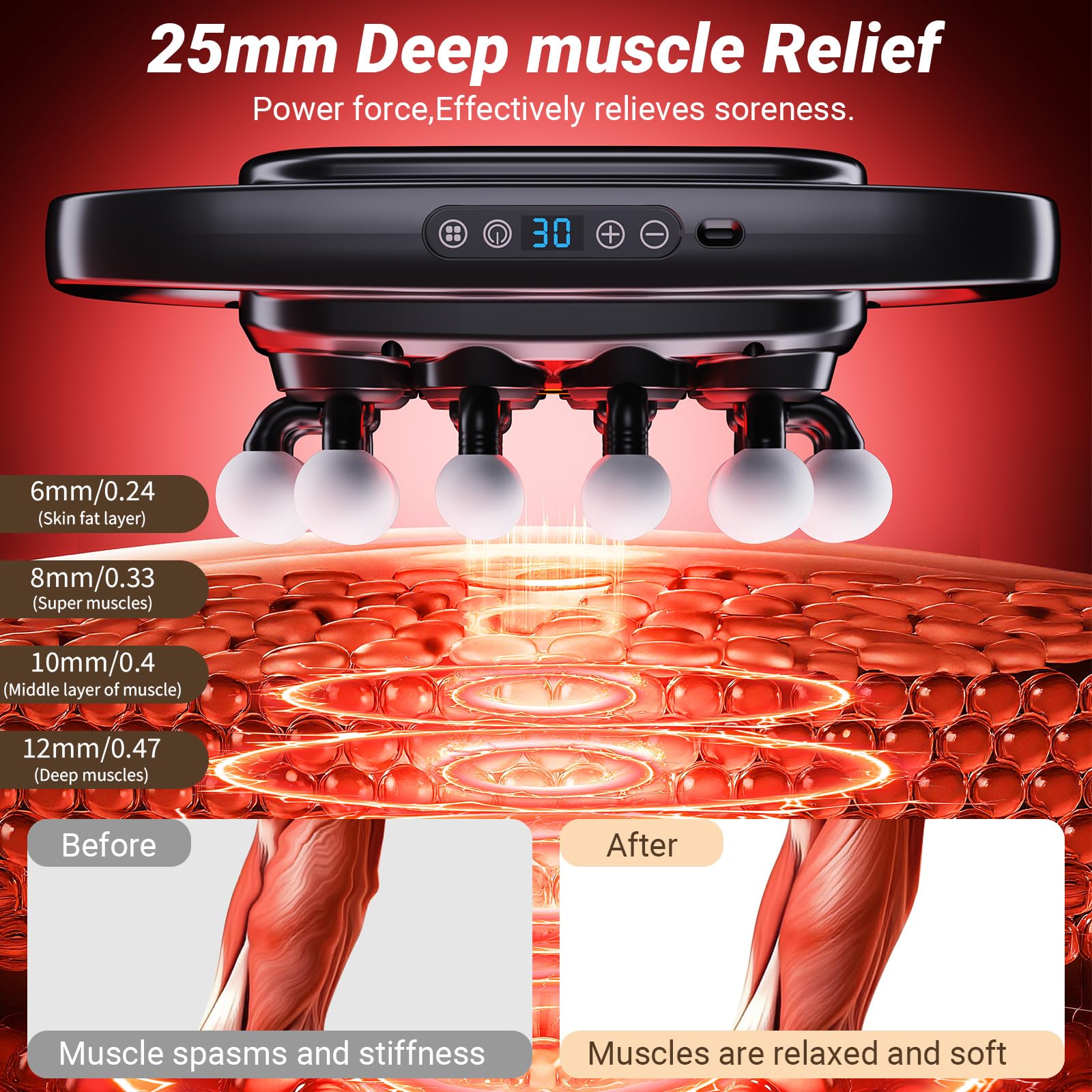 Pistolet de Massage avec 20 Têtes | 3 Modes & 30 Vitesses, Massage des Tissus Profonds à Large Surface, Silencieux 35dB, Pour Dos, Cervicales, Jambes