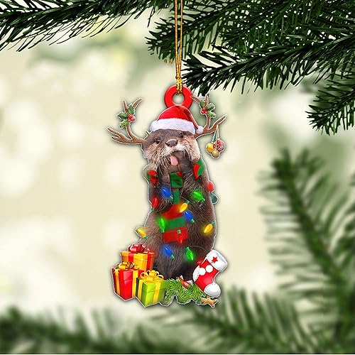 Miniatura 8 de Talataca Otters Wearing A Christmas Hat Wreath Animal Lover 2D Flat Car Back Mirror Accessories Christmas Tree Ornament Decor Hanging Charm Interior