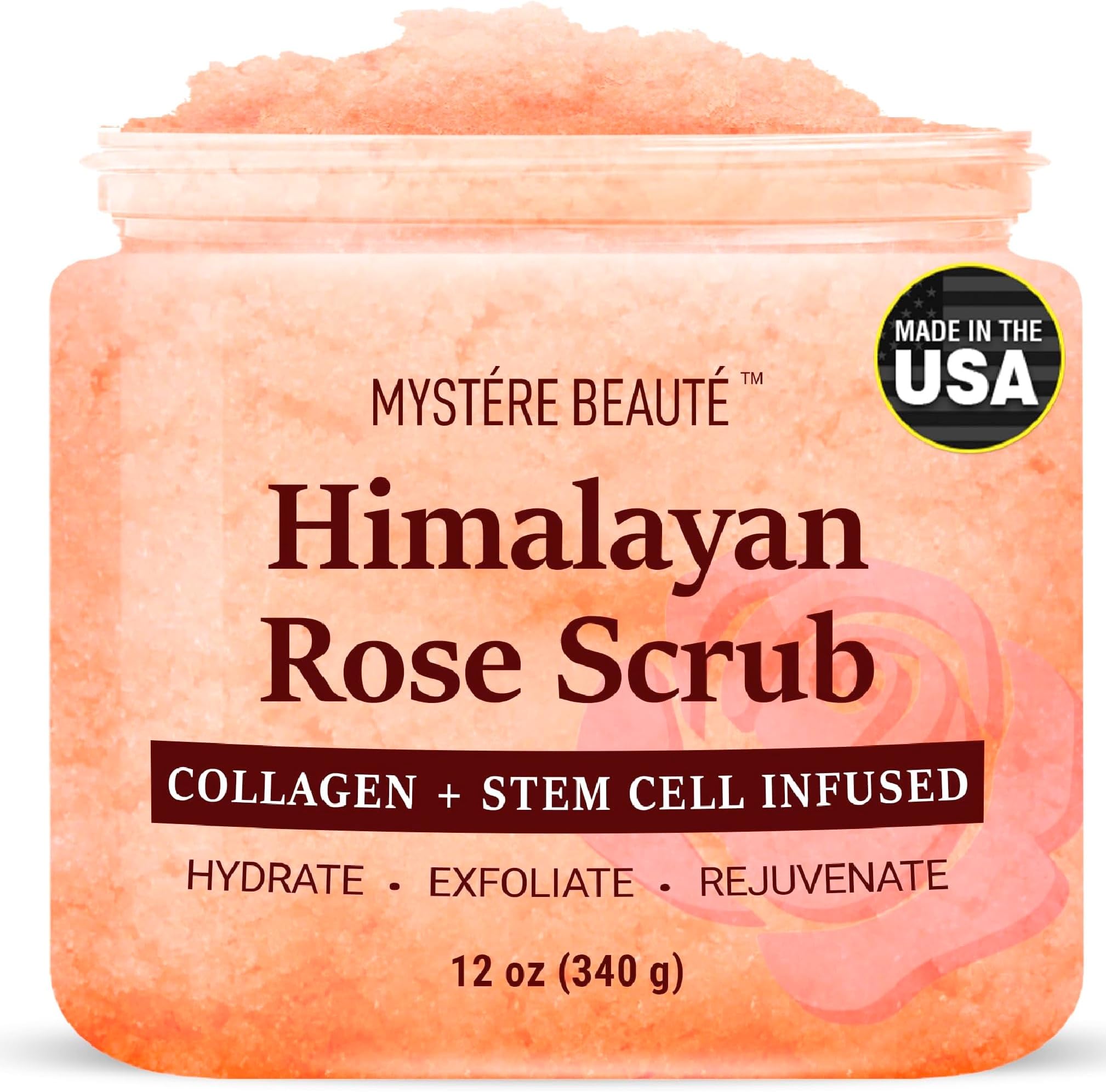 MYSTÉRE BEAUTÉ Himalayan Salt Body Scrub with Collagen & Rose Oil (12 oz) - Exfoliating Scrub for Cellulite, Acne, Scars & Stretch Marks - Deep Cleansing & Moisturizing - Natural Skin Care Gift