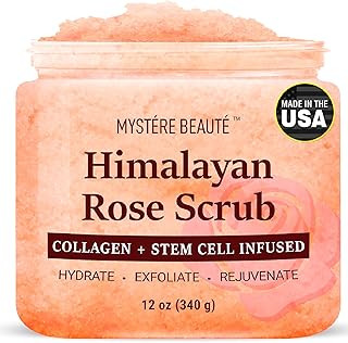 Himalayan Salt Body Scrub 12 oz - with Collagen and Stem Cells - Exfoliating Salt Scrub for Cellulite - Deep Cleansing for Acne, Scars, Wrinkles - Moisturizes Skin