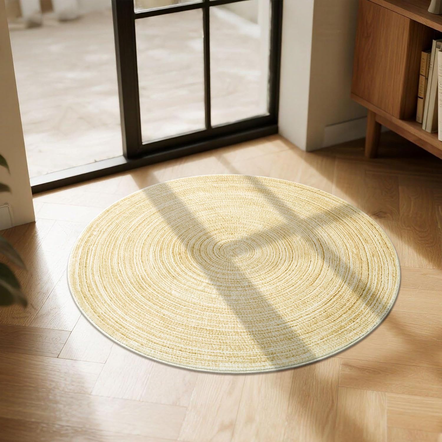 Carvapet 2 ft Round Washable Rug, Imitation Jute Low Pile Circle Carpet with Non Slip Rubber Backing, Foldable Stain Resistant Area Rug for Living Room Bedroom Office Bathroom