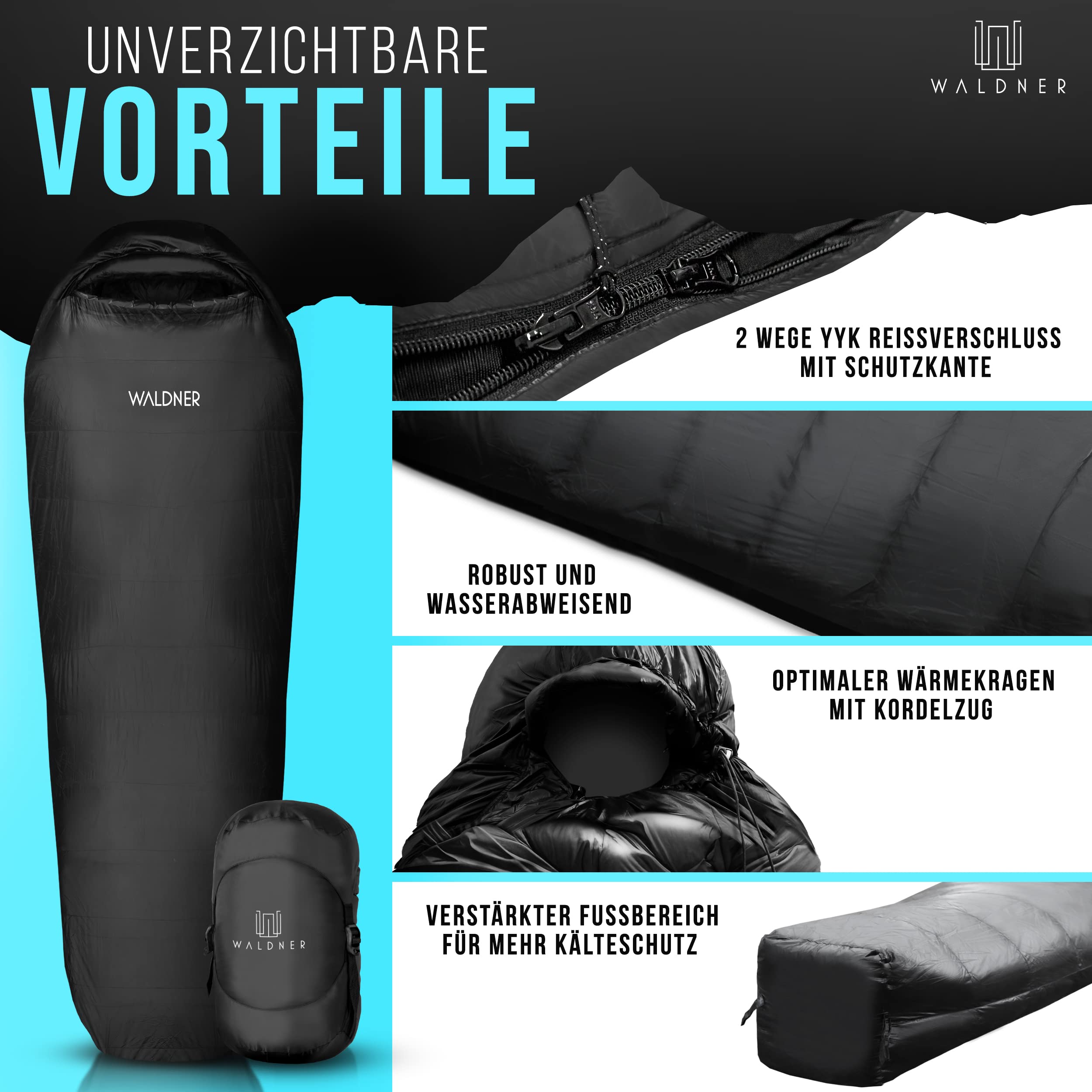 WALDNER Daunenschlafsack Ultraleicht, kleines Packmaß, 4 Jahreszeiten, 800g Daunen, 600FP Bauschkraft, Schlafsack Outdoor und Camping, leicht & warm