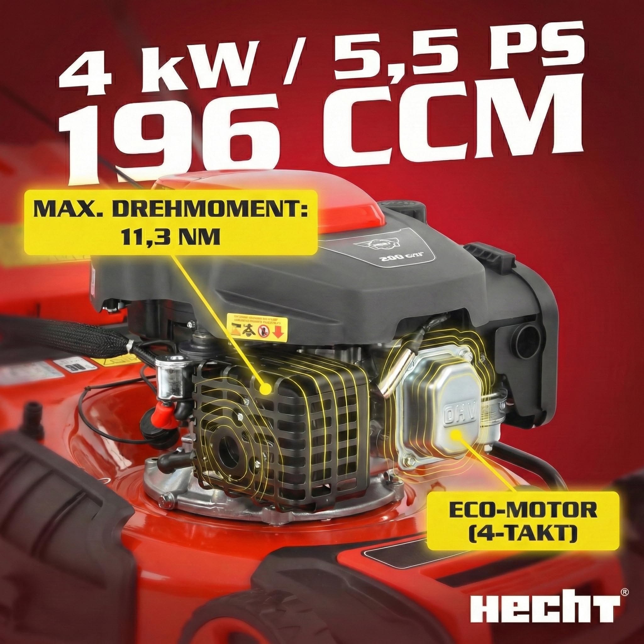 HECHT 5-in-1 Benzin Rasenmäher 5,5 PS Elektrostart 51 cm | 4-Takt-Motor 4,0 kW, 65 L Fangkorb, Radantrieb, patentierte Räder, Mulchmäher und Rasenmäher