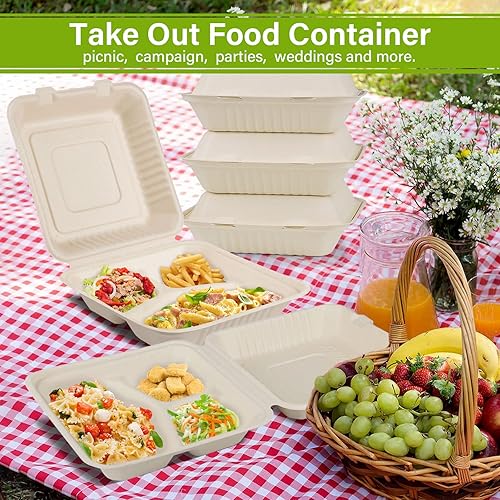 Miniatura 9 de Recipiente de alimentos compostable para llevar de 8 x 8 pulgadas paquete de 50 cajas de alimentos desechables para llevar contenedor de alimentos