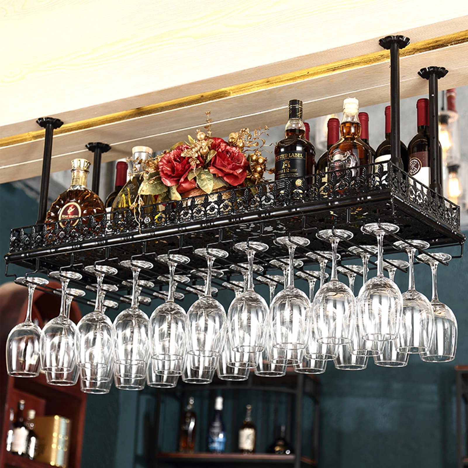 Casier à vin suspendu vintage et porte-verre de plafond pour bar et cuisine