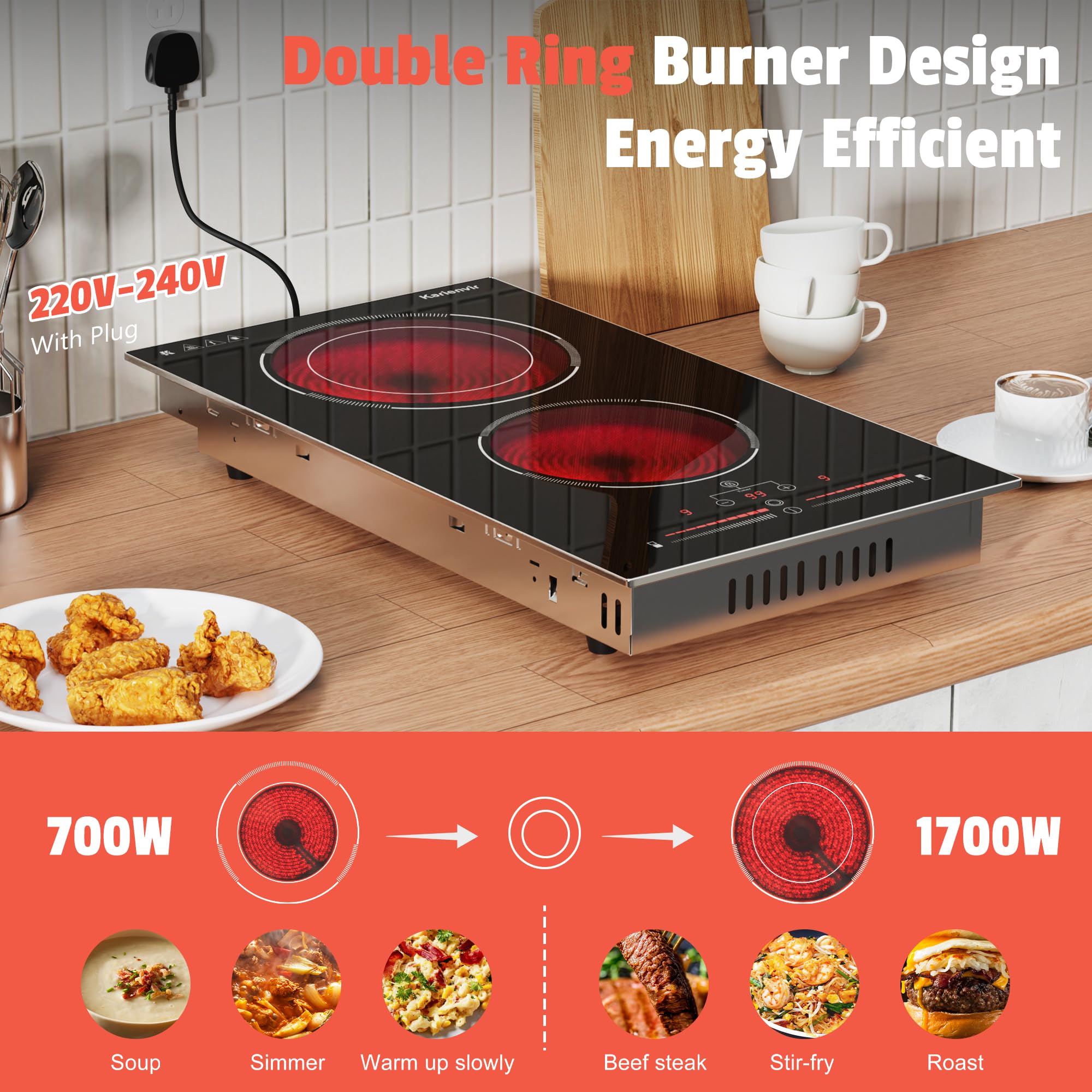 Ceramic Hob 2 Zone, 2 Ring Electric Hob Sliding Control, 30cm Built-in & Countertop Hob, 2 Ring Ceramic Hob 2800 W, 220-240V with Plug, Safety Lock, Timer, Karienvir — view 4