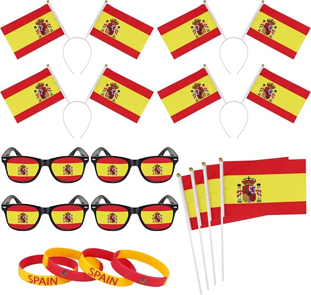 Hiwooii 16 Pack Spain Football Fans Fancy Dress Set Include Spain Headband Sunglasses Silicone Bracelets and Hand Wave Flags for World Cup European Championship Party Favor