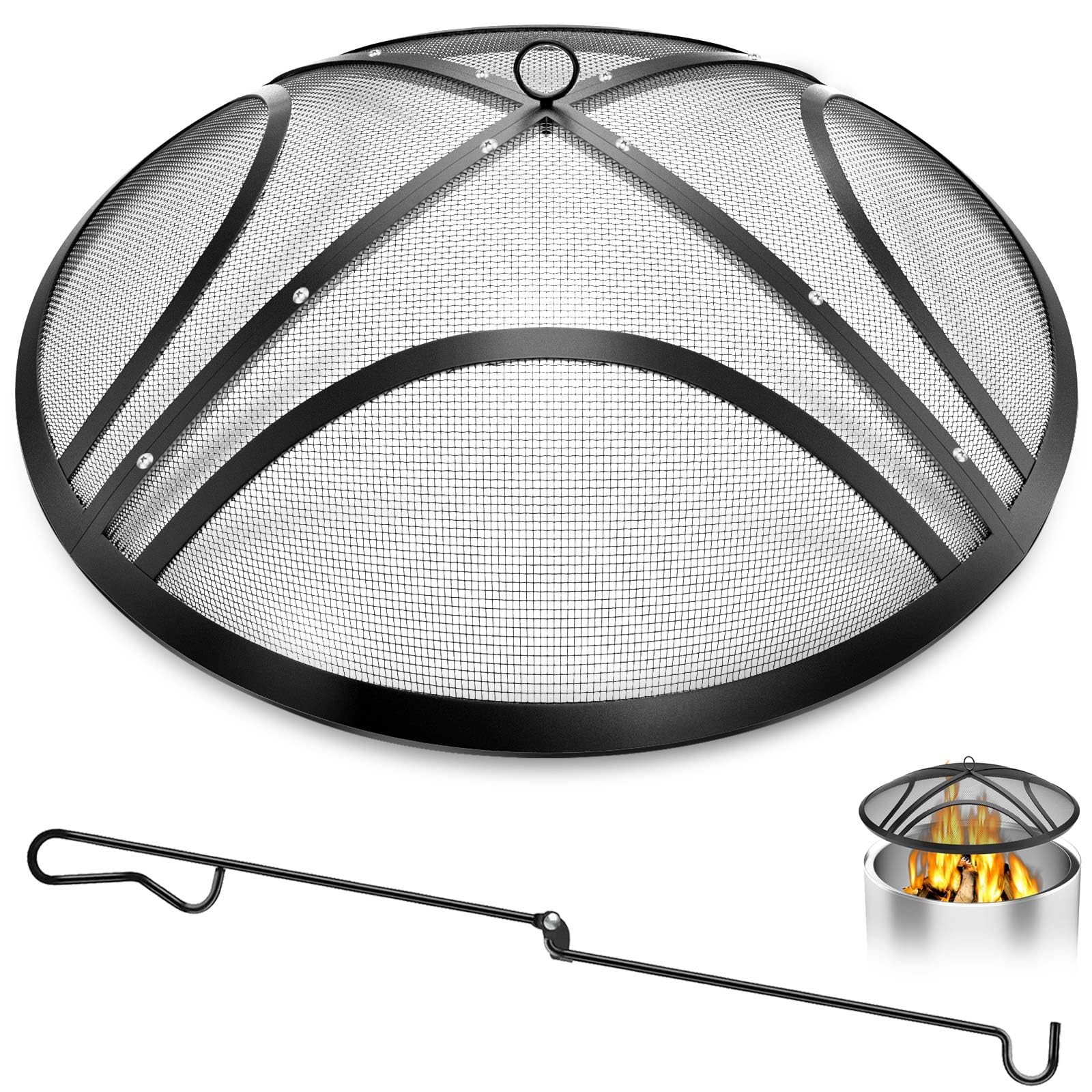 Fire Pit Spark Screen, Upgraded 30 Inch Collapsible Outdoor Fire Pit Screen with Handle & Poker, Heavy-Duty Steel Fire Pit Cover Round Mesh Replacement Firepit Screen for Backyard/Beach/RV Camping