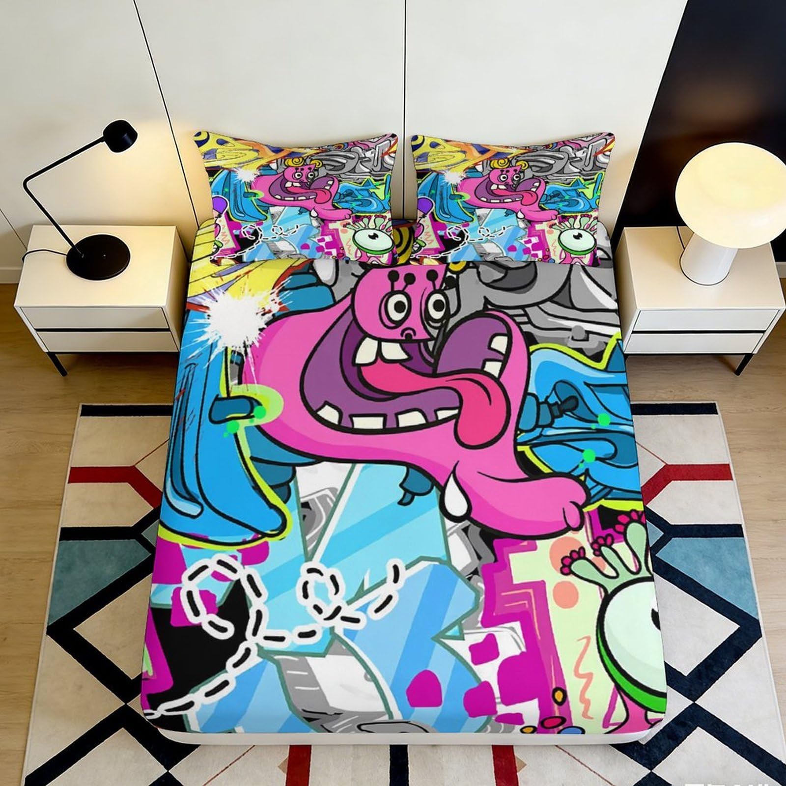 3D Printed Graffiti Art Fitted Sheet Microfiber Colourful Cartoon Monster Bed Sheet for Bedroom Dorm Bed Decor 90x200x25cm