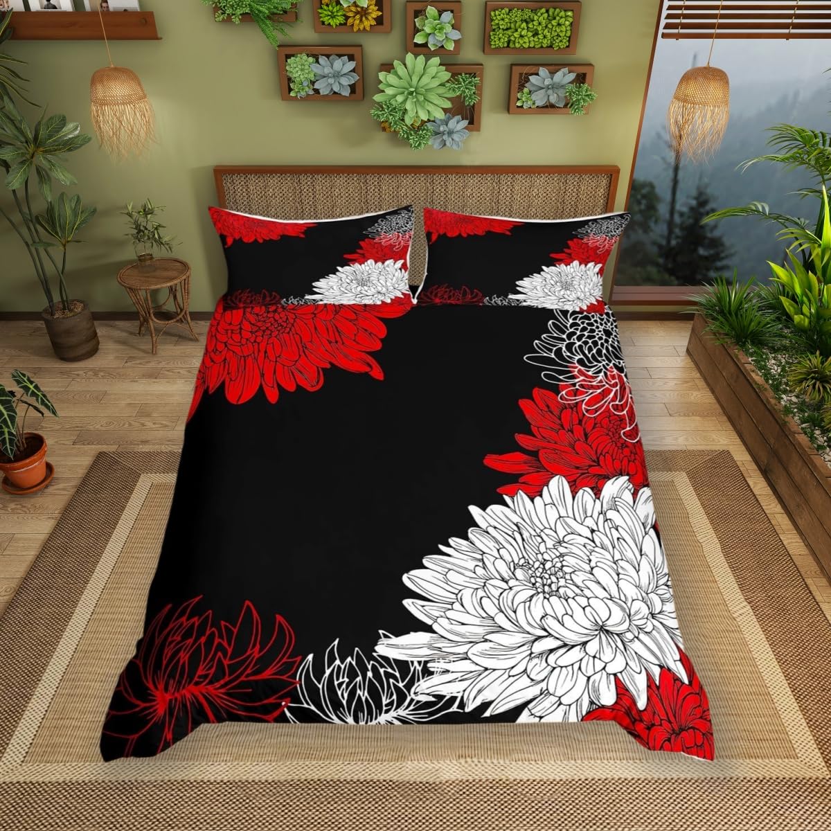 Botanical Floral Duvet Cover King Size,Red Black Floral Comforter Cover with 2 Pillowcase for Teens Adults,Kids Abstract Flowers Bedding Set,Aesthetic Vintage Breathable 3 Pcs Decorative Bed Cover — image 1