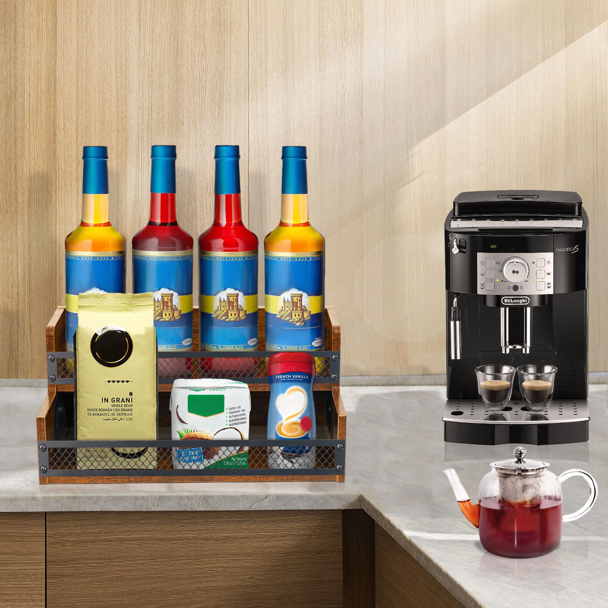 Espositore per bottiglie di liquori, scaffale per sciroppo di caffè, organizer a 2 ripiani per liquori e vino, mini scaffale per 8 bottiglie, per liquori e whisky, organizer per stazioni di caffè
