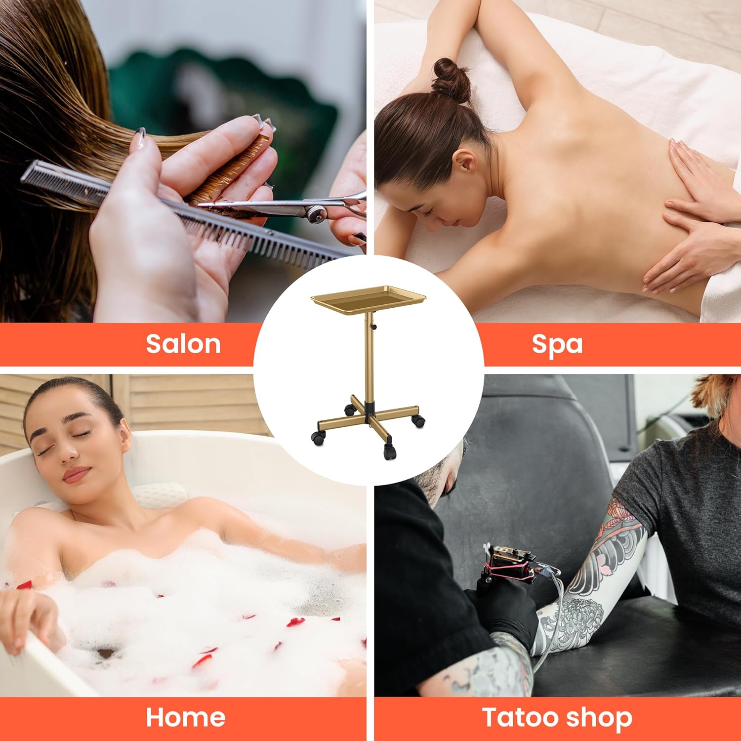 TASALON Rolling Salon Cart, Mobile Styling Station with Wheels Aluminum Rolling Tray Trolley for Salon Essentials, Adjustable Heightfor Hairstylist Tray with 10 PCS Disposable Salon Tray Cover,Gold