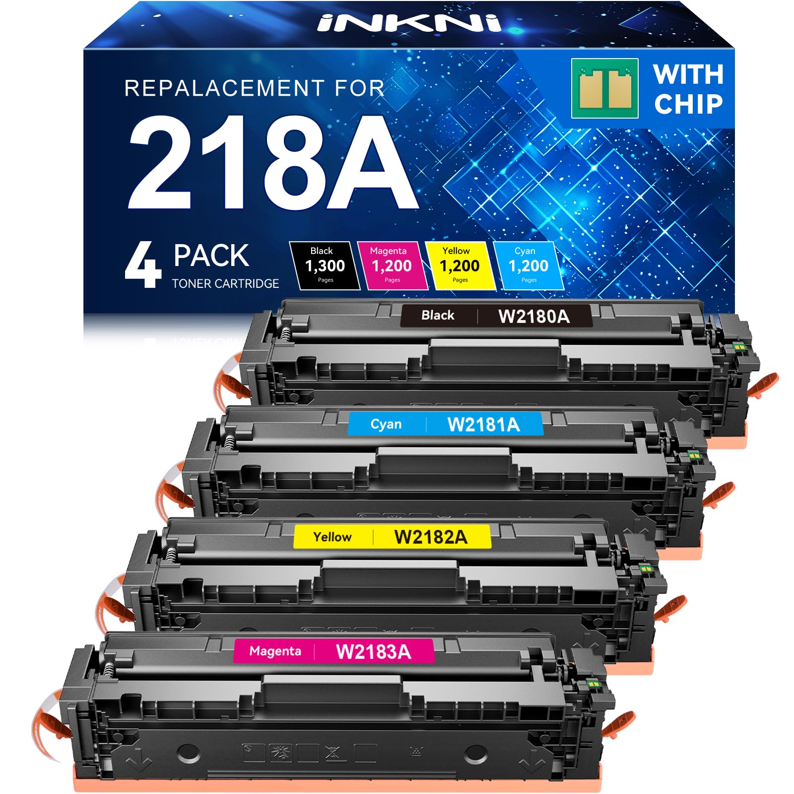 InkNI 218A Toner Cartridges 4 Pack (with Chip) Replacement for HP 218A W2180A for HP 218X for HP Color Laserjet Pro MFP 3301FDW 3201DW 3301SDW 3301CDW Printer Ink W2180X High Yield (4 Pack, B/C/Y/M)